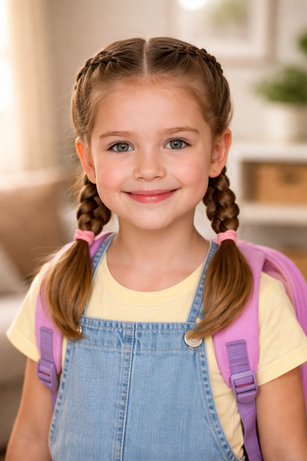 Child with neat school-ready hairstyle in warm indoor light