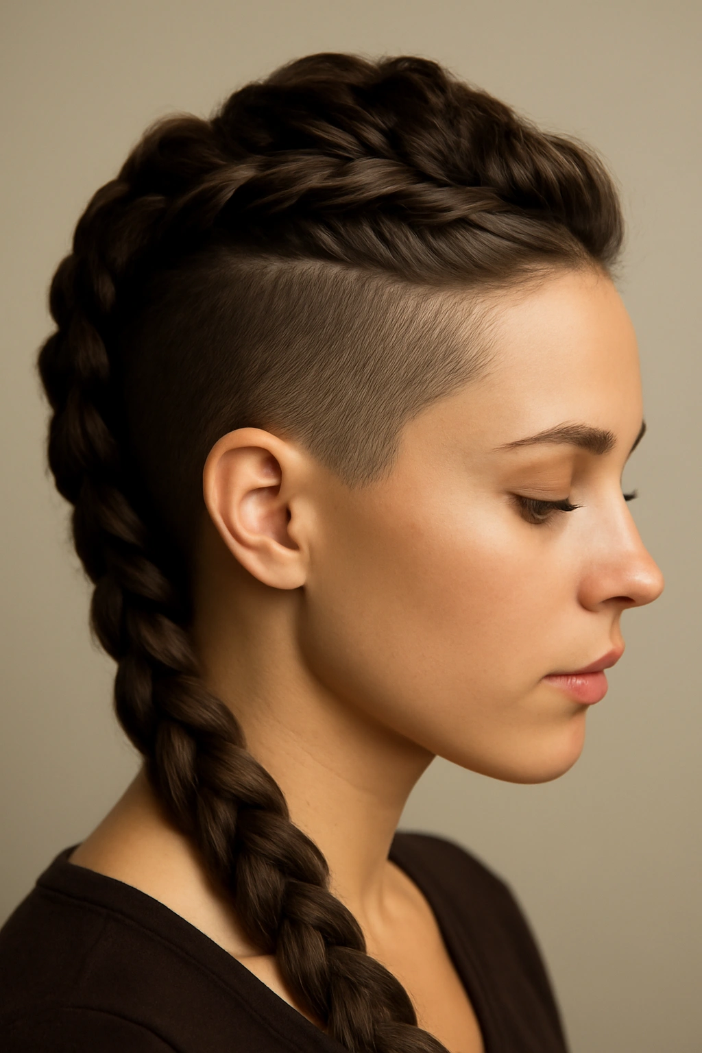Wraparound side braid with twisted crown and shaved sides
