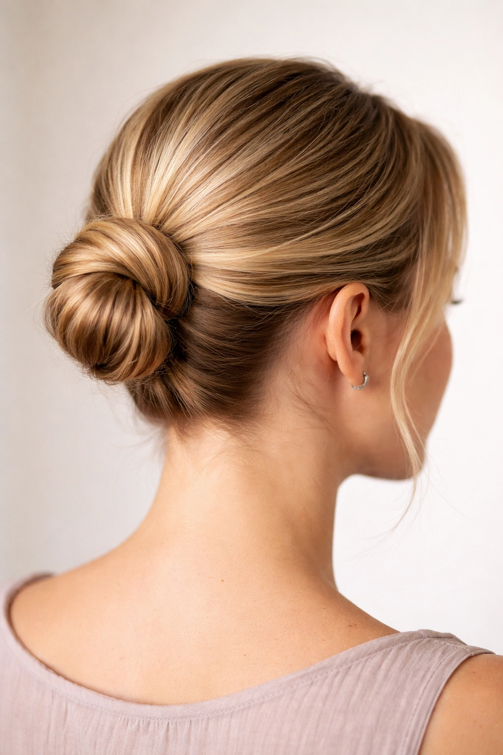 Close-up of wraparound bun with hidden elastic on short hair.