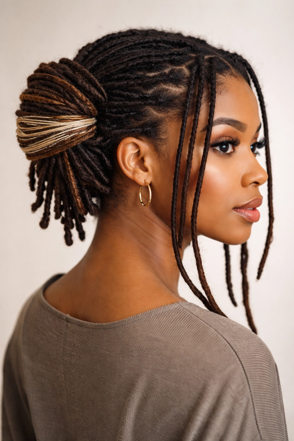 Back-wrapped dread section with yarn wrap and face-framing front dreads