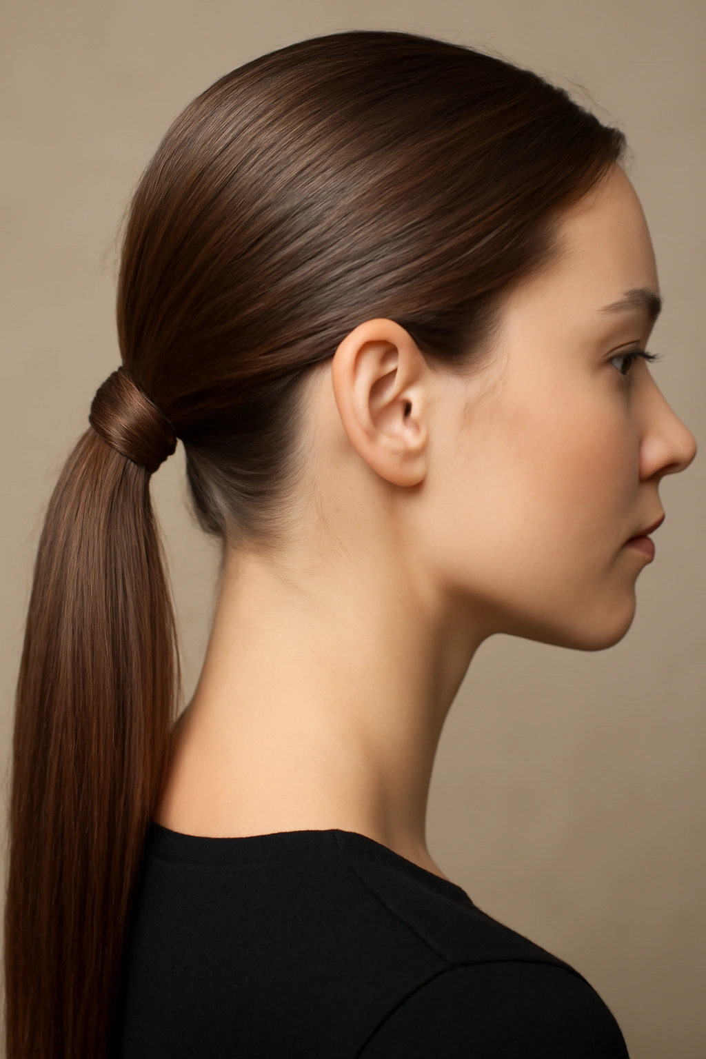 15 Ponytail Hairstyles for Work and Nights Out 15 Close-up of a wrapped-base ponytail concealing the elastic at the base.