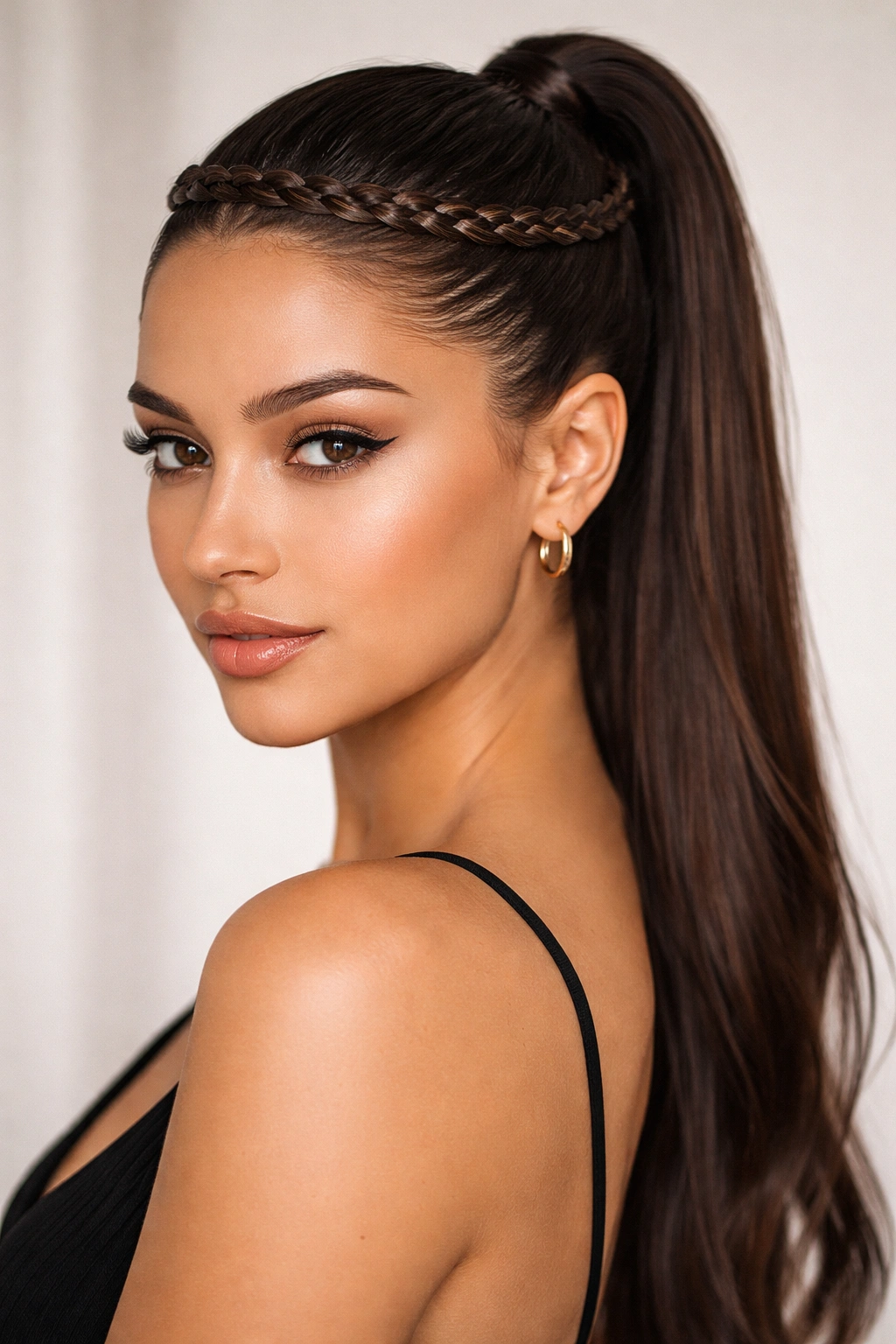 25 Slick Back Ponytail Styles for a Chic, Polished Look 23 Slicked ponytail with a delicate braid wrapped around the crown.