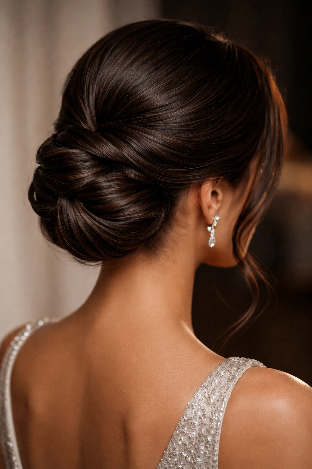 Close-up of a wrapped chignon showing twisted, textured sections at the nape