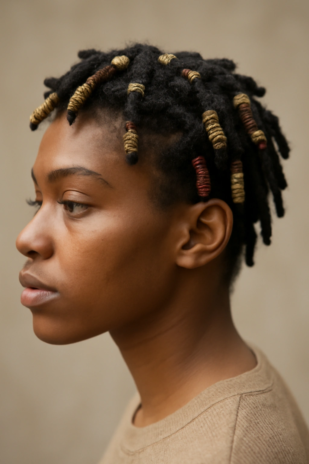 10 Hairstyles to Try If You Have Short Dreads 6 Wrapped sections of short dreadlocks secured with thread creating a segmented look.