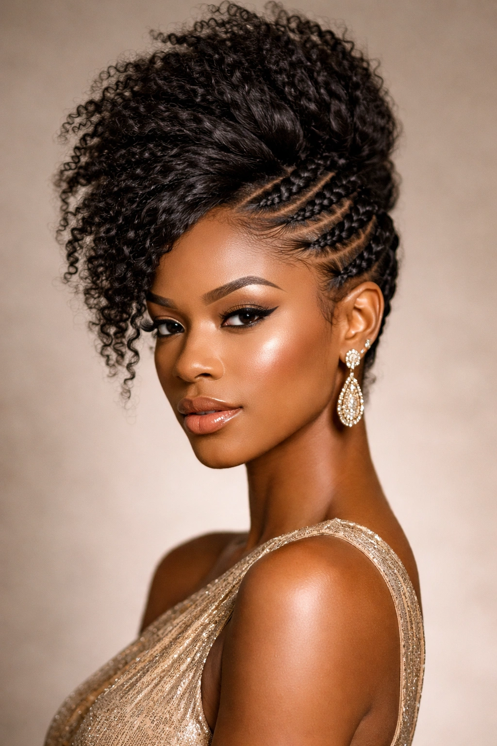 Wrapped faux hawk hairstyle with braided frame and tall center