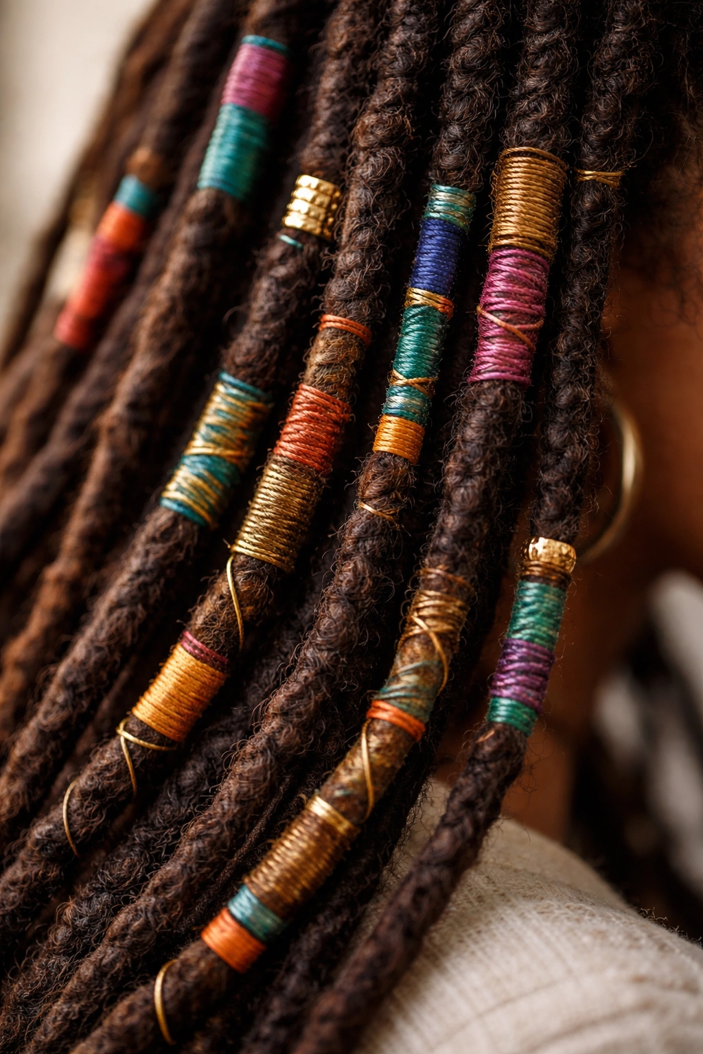 20 Loc Styles For Every Length From Short To Waist 6 Locs wrapped with colorful thread around sections