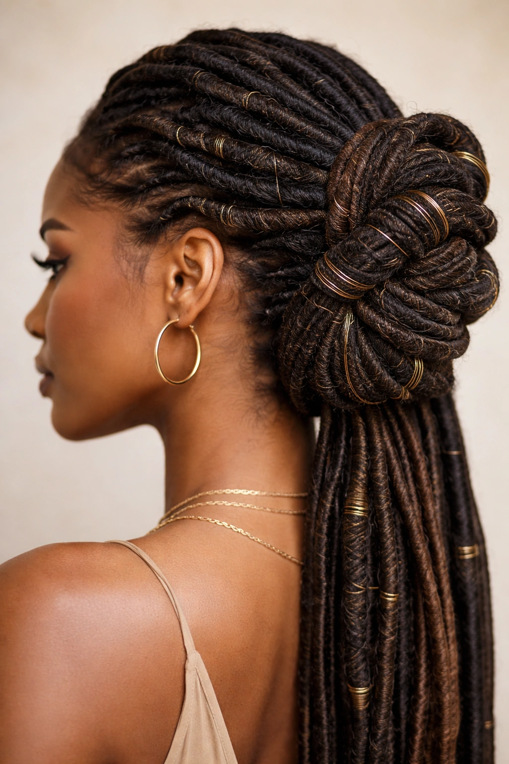 15 Dreadlock Styles For Women At Every Length 11 Locs wrapped with fabric or thread and tucked into loops.