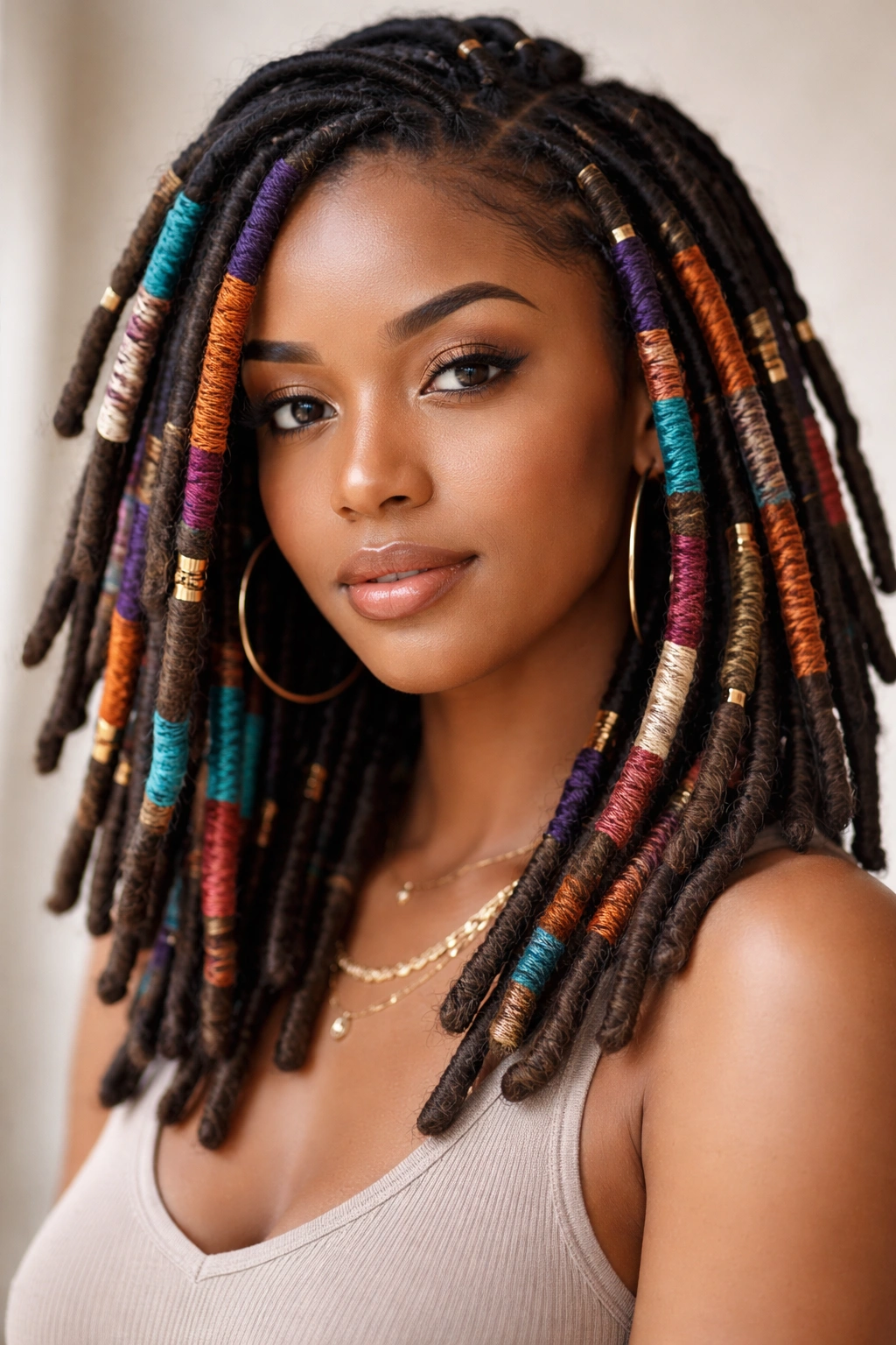 Close-up of medium-length locs wrapped with colorful yarn, showing wrapped and unwrapped sections
