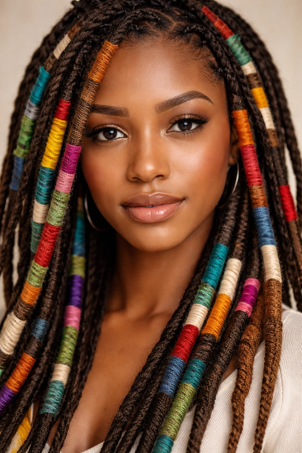 Wrapped locs showing multicolor yarn wraps and geometric patterns