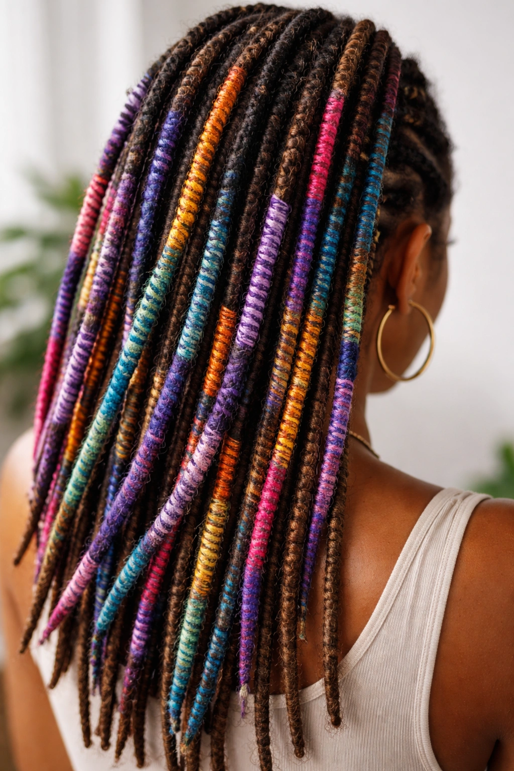 Locs wrapped with colorful yarn creating stripes