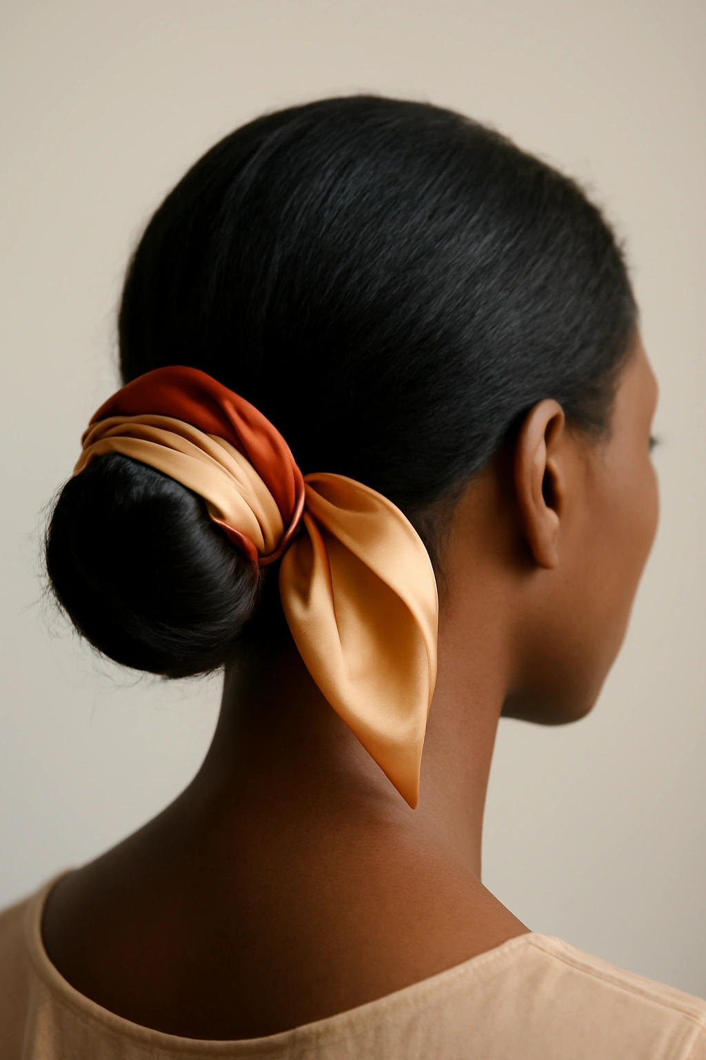 10 Elegant Low Bun Styles for Black Women to Try 4 Low bun wrapped with silk scarf view from back of head