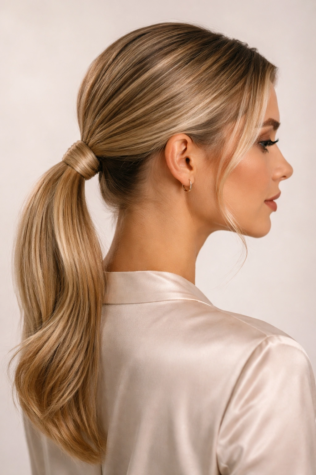 Side view of a low ponytail with a wrapped elastic