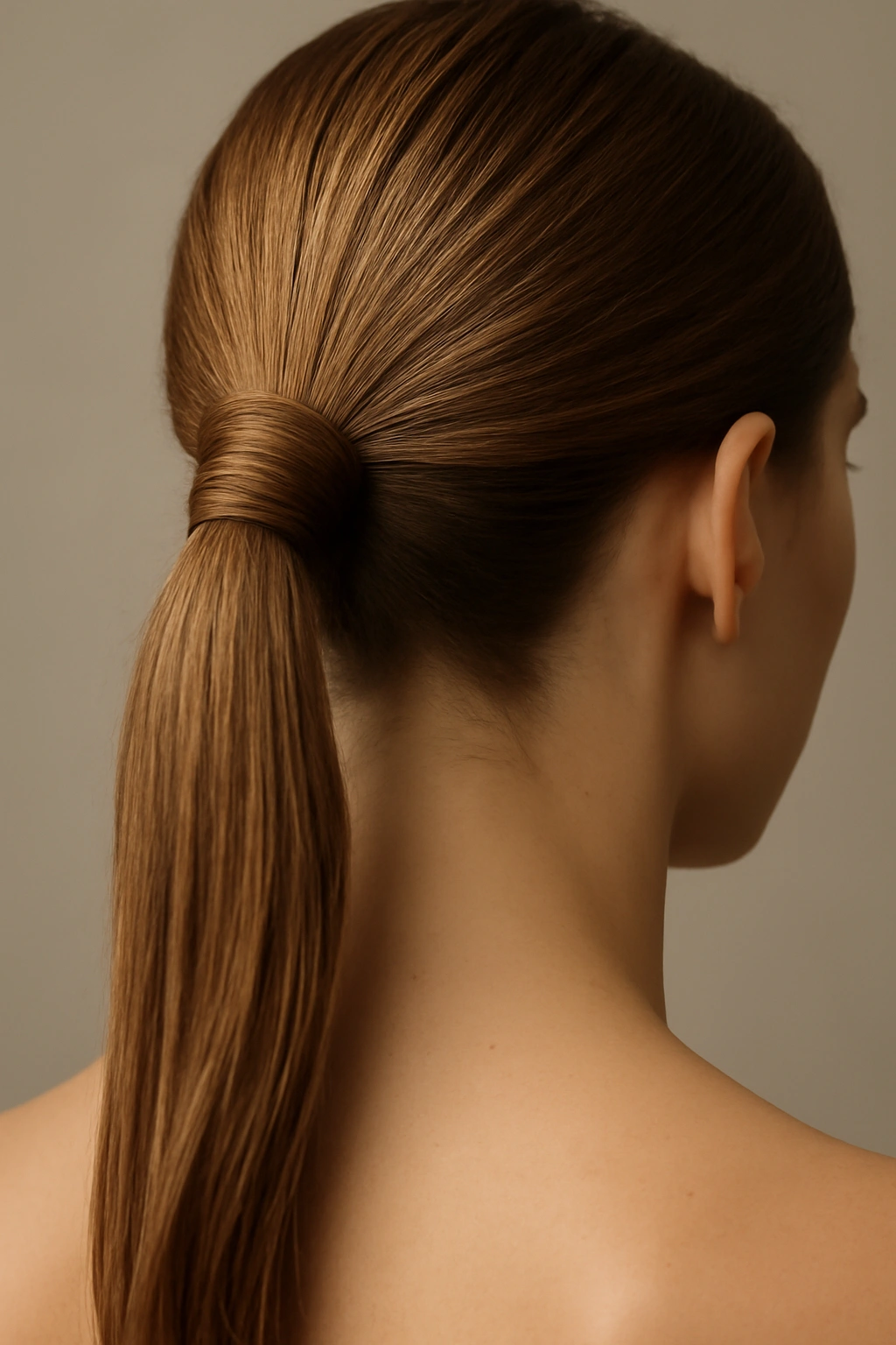 12 Polished Ponytail Hairstyles You Can Try Today 9 Ponytail with a neatly wrapped base around the elastic in a studio portrait