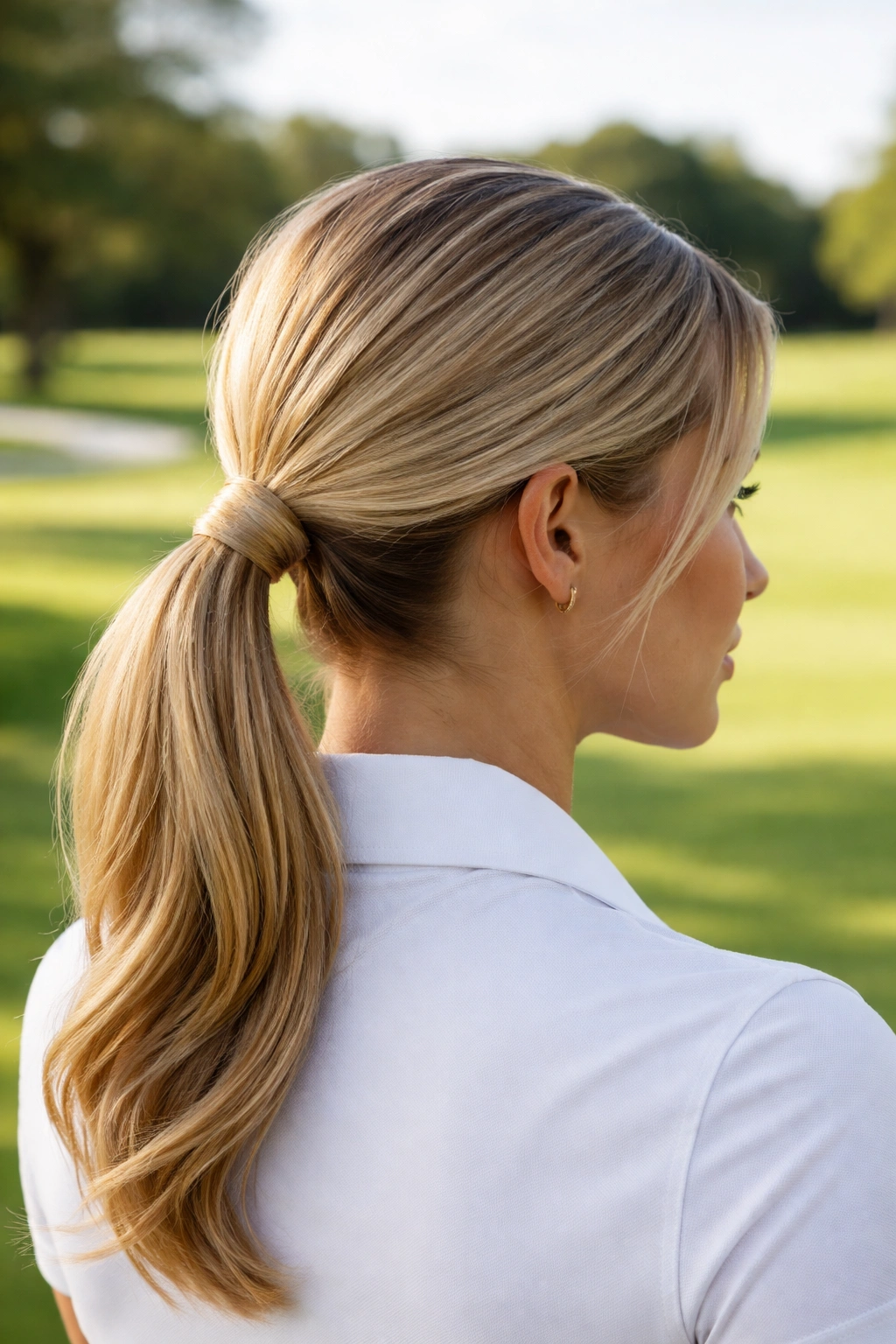 Low ponytail with a hair-wrapped elastic visible on a golfer at the course