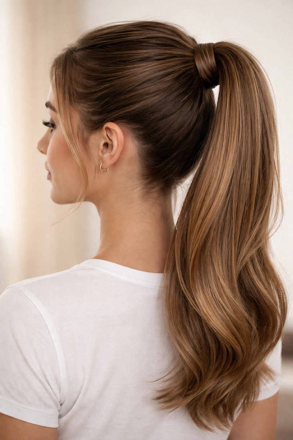 High ponytail with wrapped hair around elastic