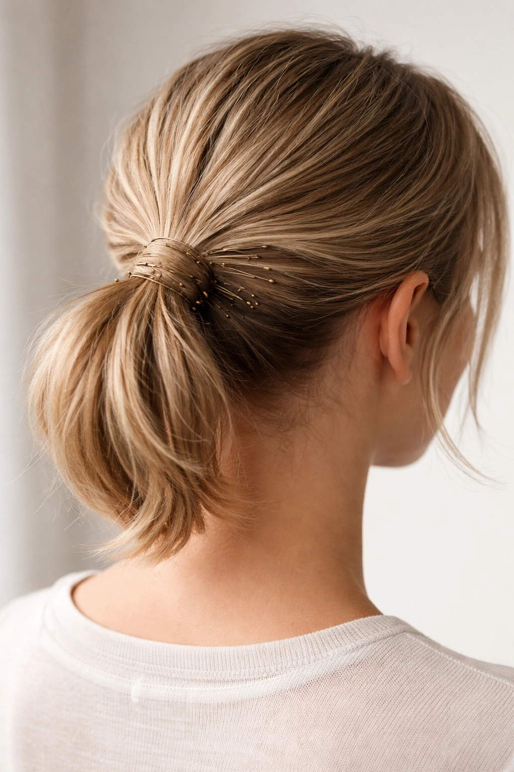 Close-up of wrapped ponytail with hair wrapped around the base and multiple bobby pins