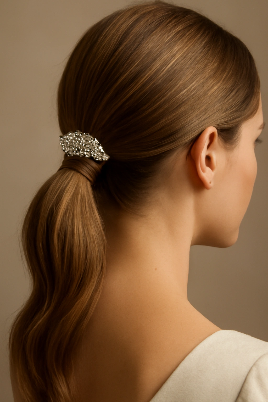 Close-up of wrapped ponytail with sparkle hair accessory