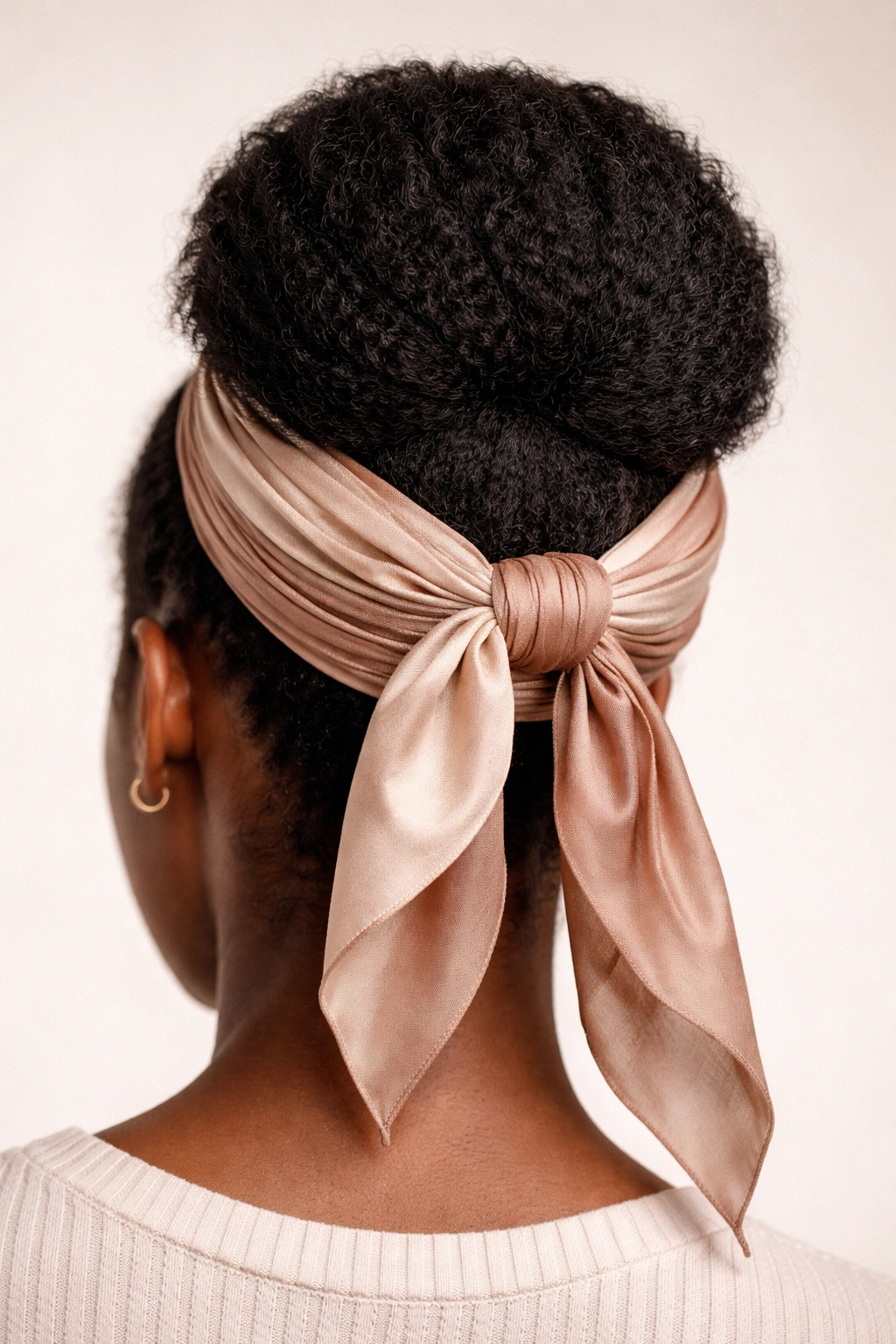 Close-up of a wrapped protective bun hairstyle with a soft scarf
