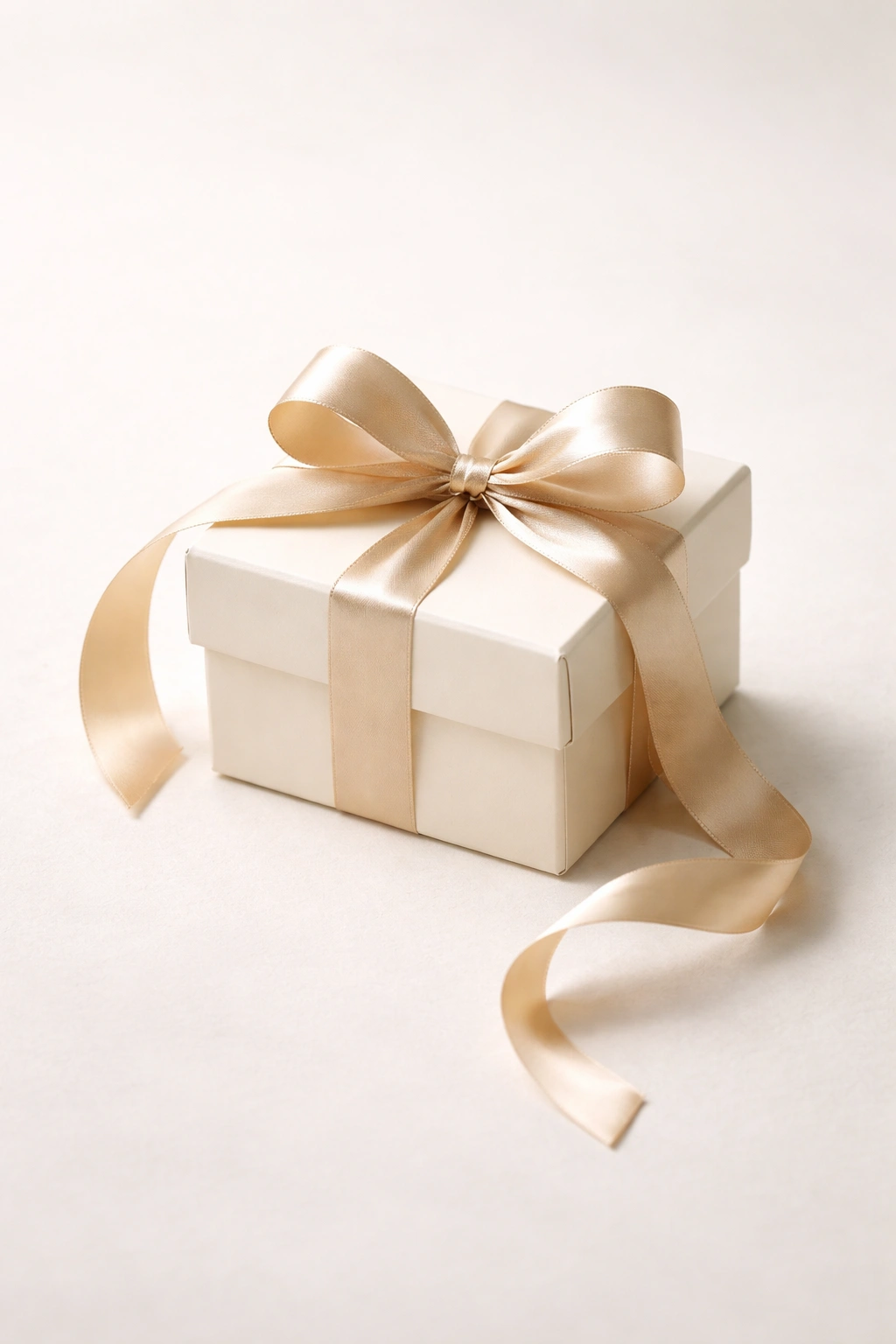 Minimalist wrapped box with ribbon on neutral background