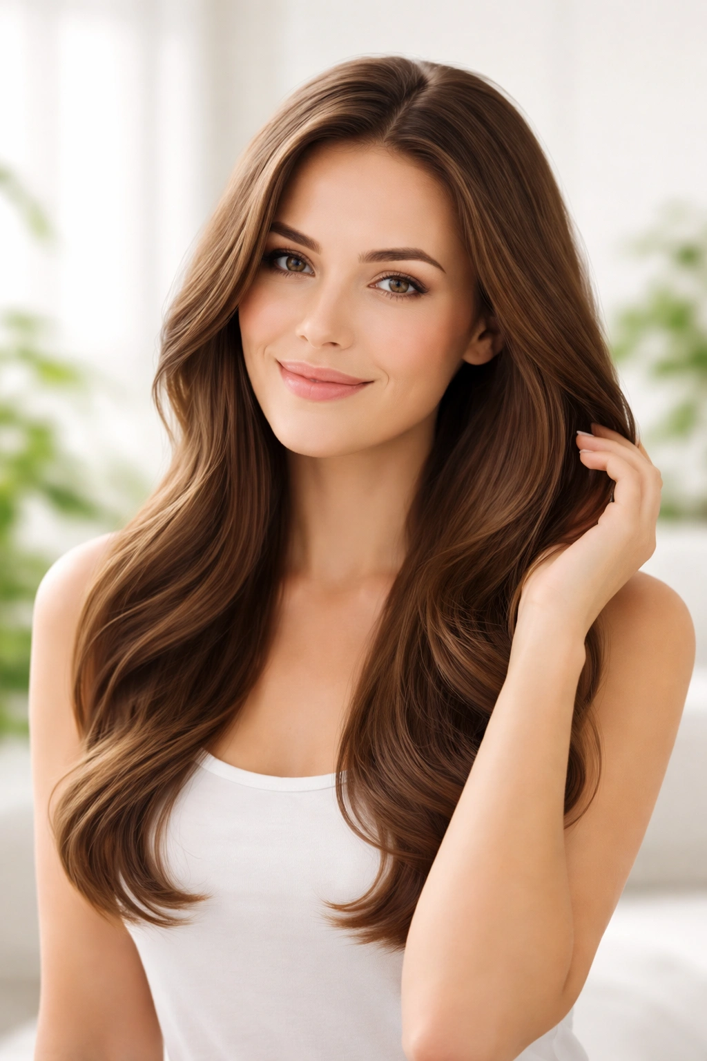 Person with healthy hair in a bright, simple setting