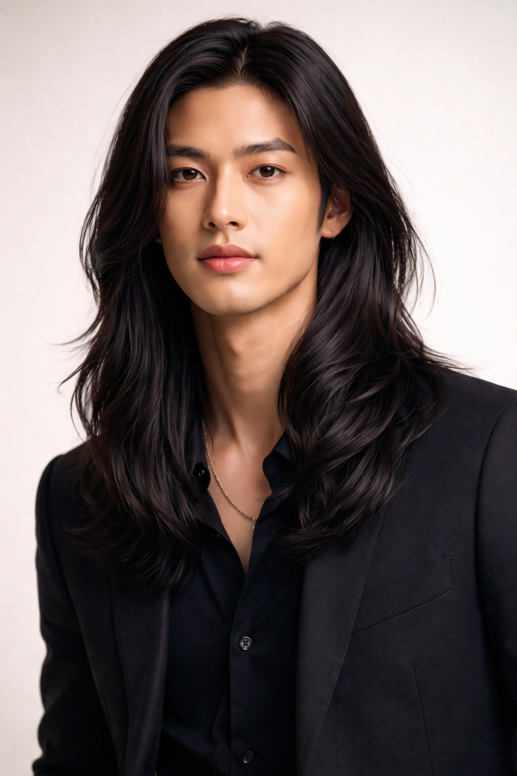 Full-shoulder portrait of a person with long glossy hair