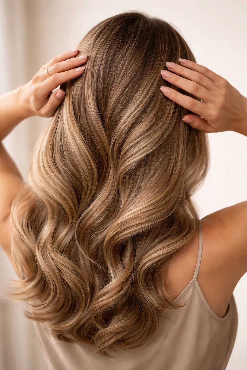 Hands smoothing a finished hairstyle in a neutral studio