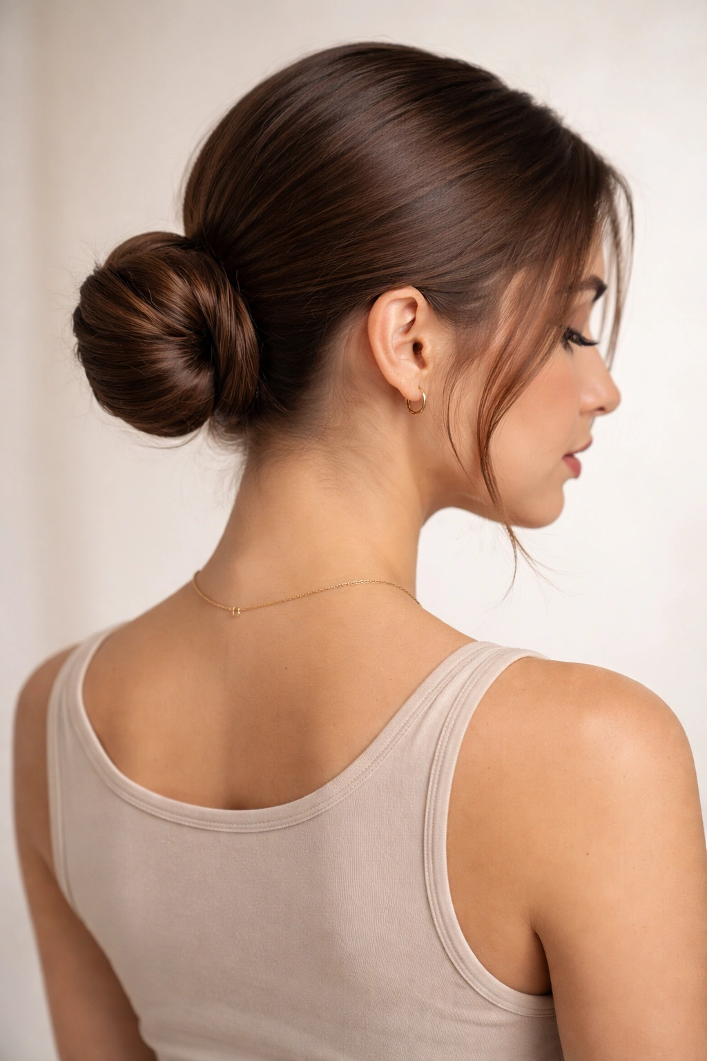 High school teen with finished sleek hairstyle in a neutral studio portrait