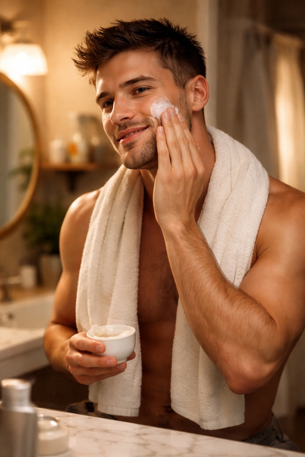 Person applying moisturizer after shaving in a warm bathroom
