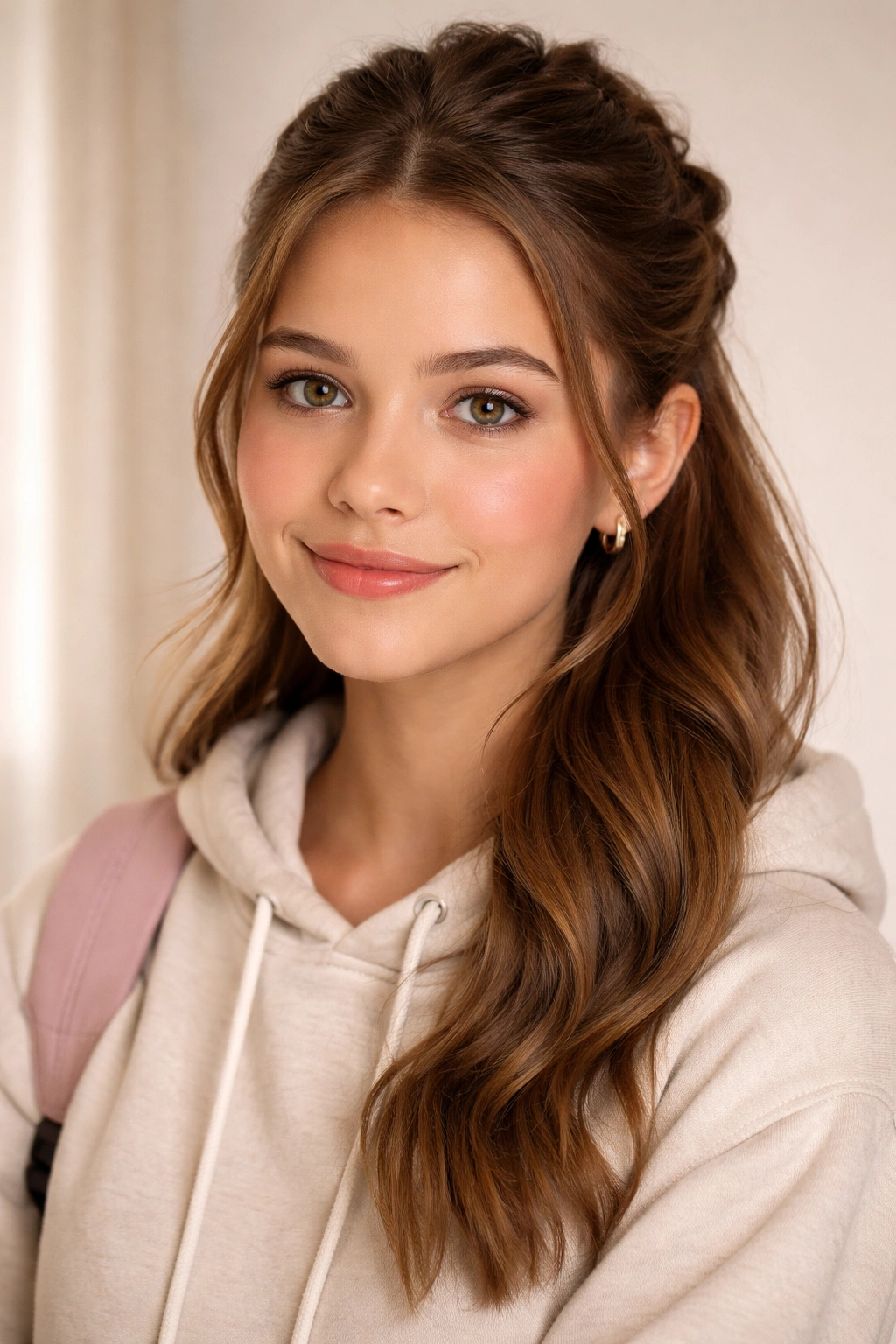 Calm portrait of student with polished hairstyle and soft smile