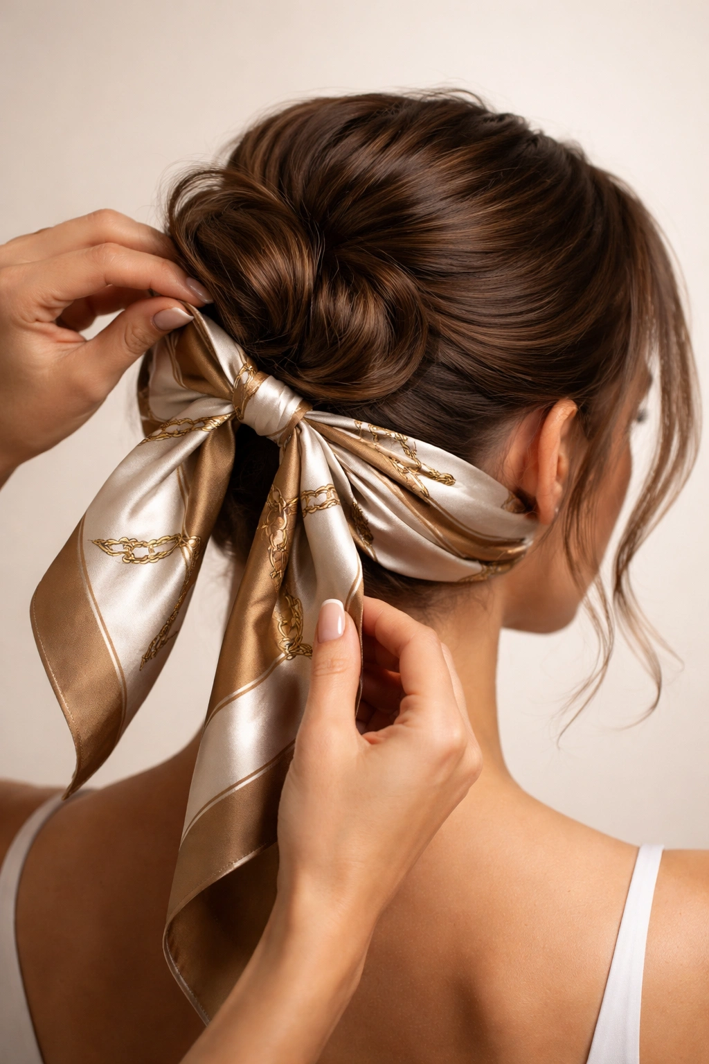 Close-up of hands wrapping a satin scarf around a 1990s-inspired updo, showcasing glossy hair.