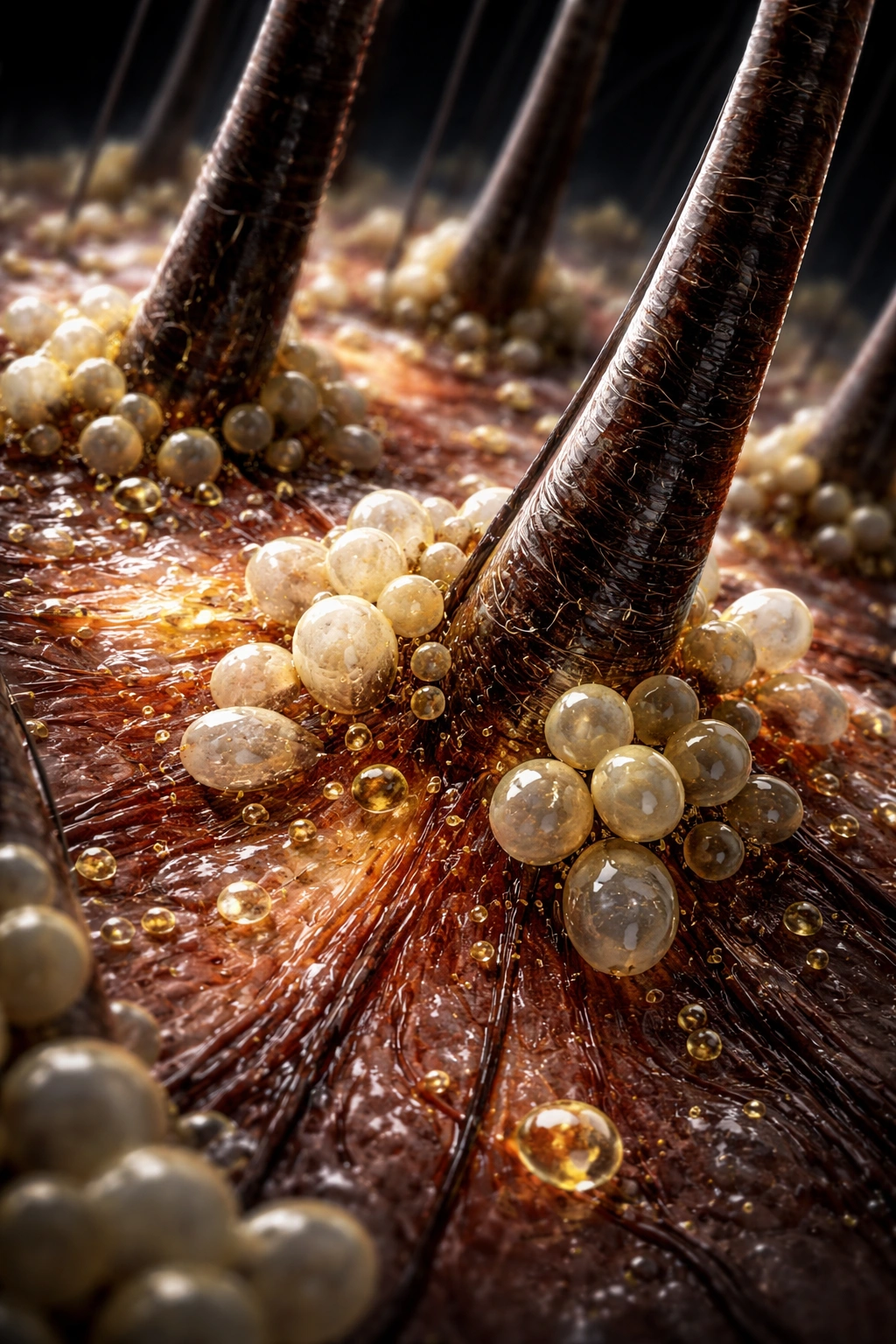 Microscopic view of yeast on scalp around follicles