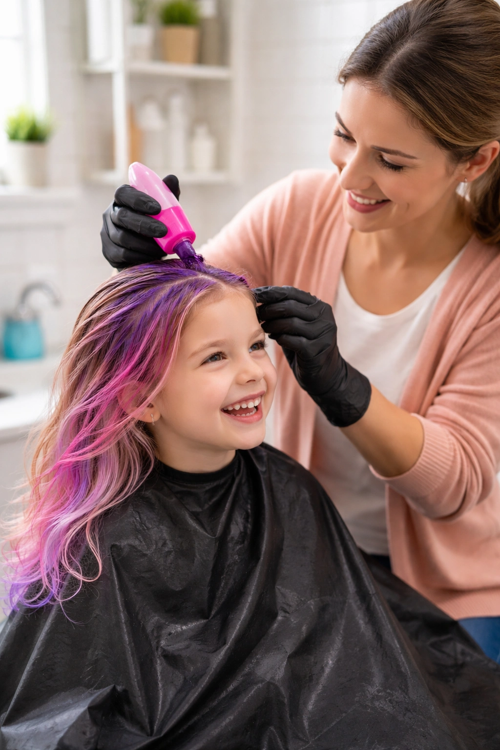 Young child receiving washable hair color from a parent in a bright bathroom.