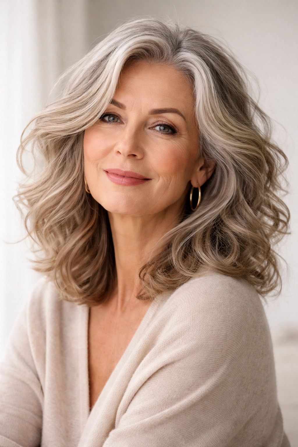 Confident 60s woman with a versatile modern hairstyle in studio light