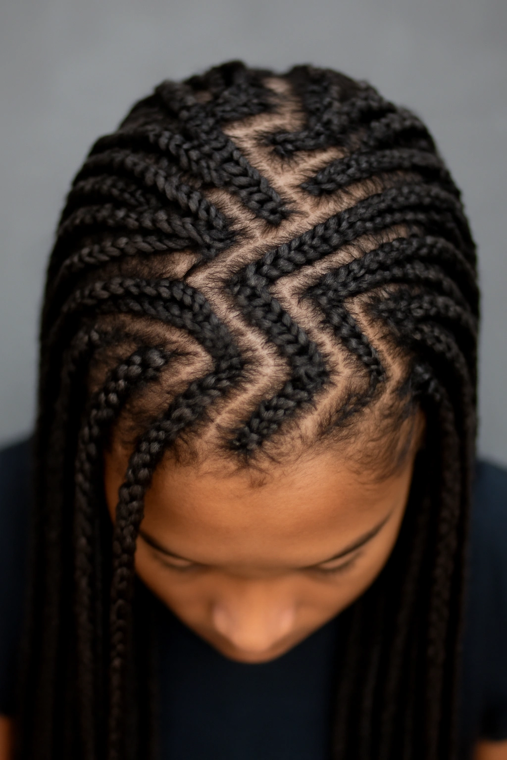 20 Box Braid Styles From Short Bobs to Waist Length 18 Top-down view of box braids with a zigzag parting pattern.