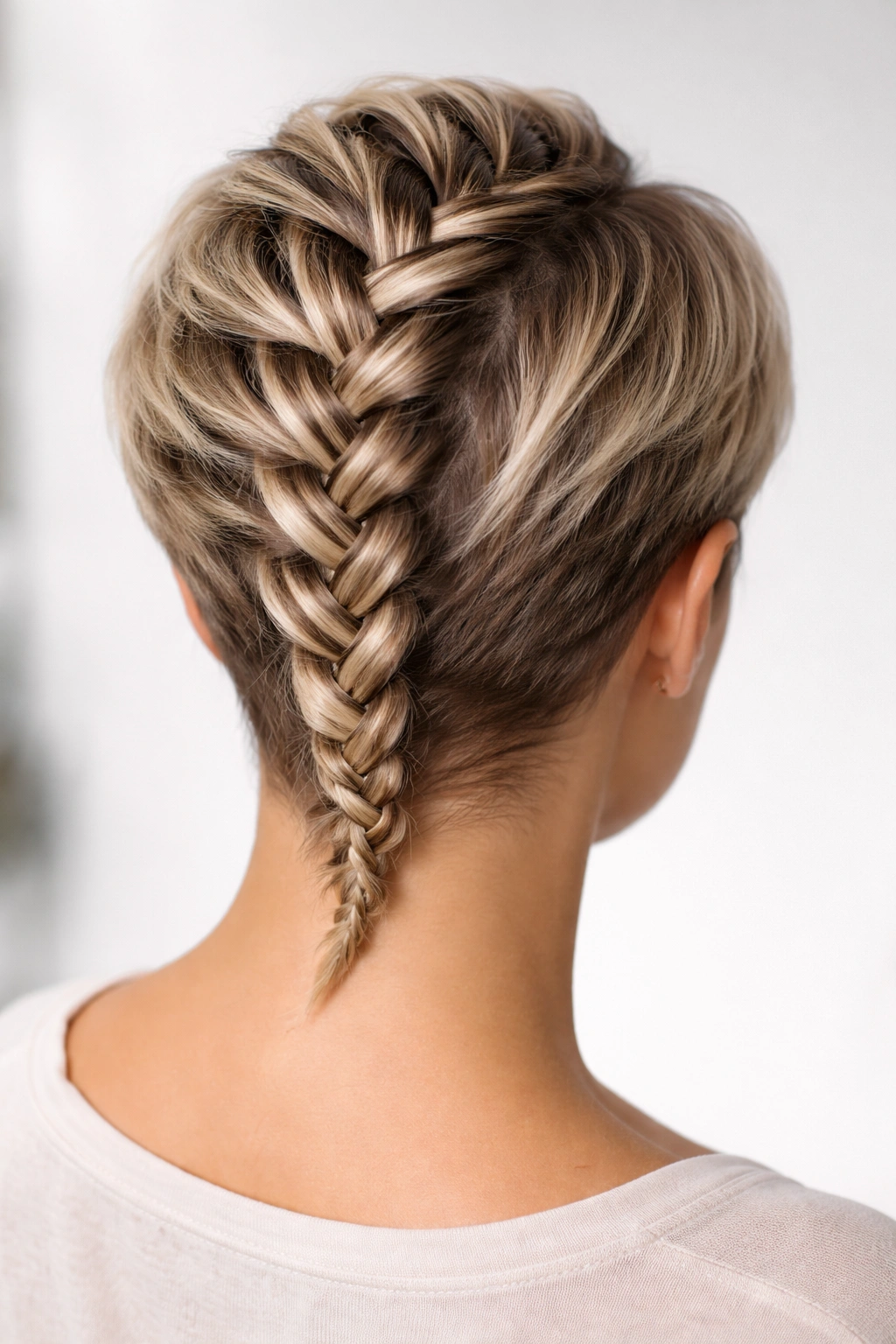 Back view of short hair with a zigzag braid tracing a diagonal path down the back