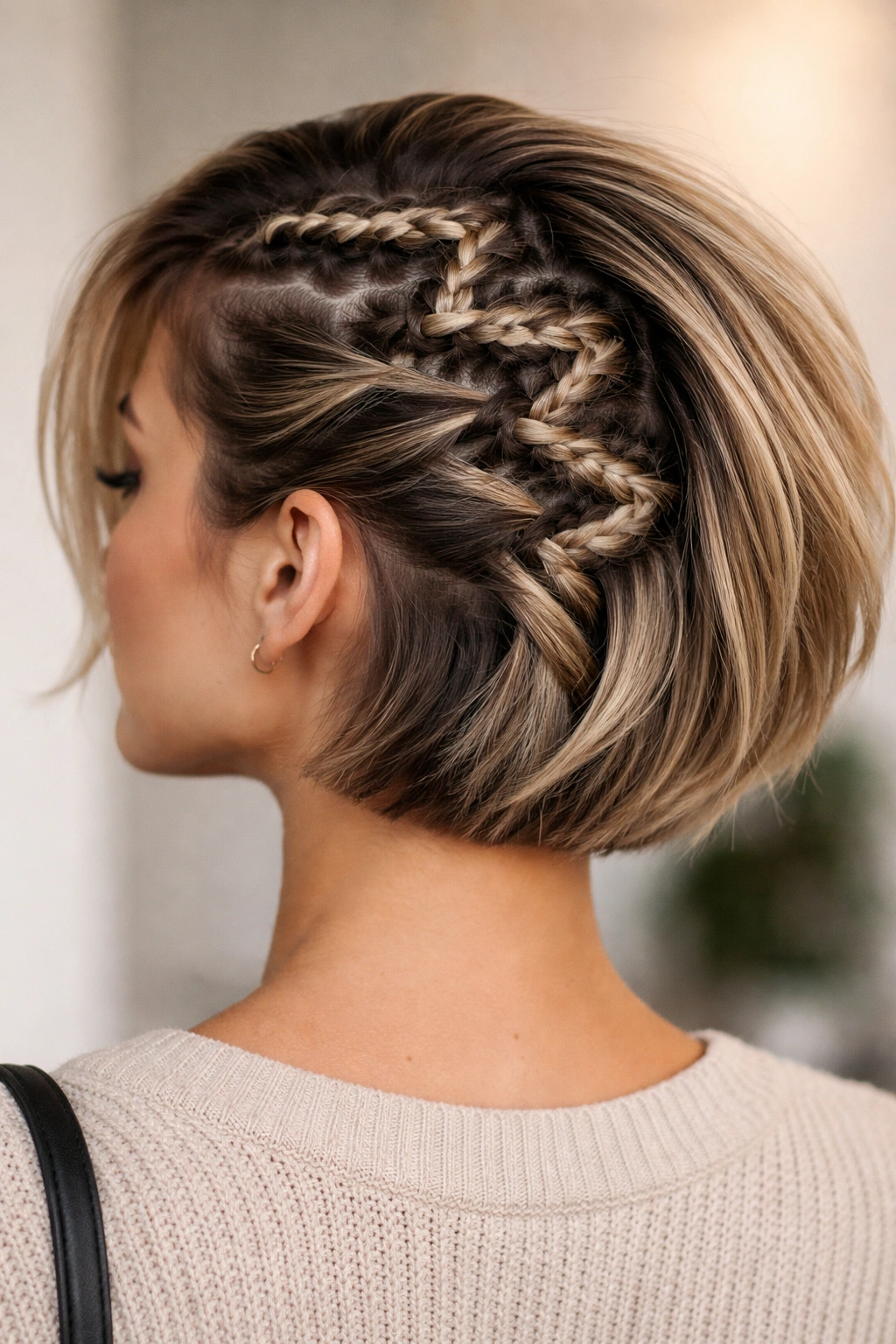 20 Short Braided Hairstyles To Pin Right Now 13 Close-up of a zigzag Dutch braid on a short hairstyle, highlighting geometric pattern.