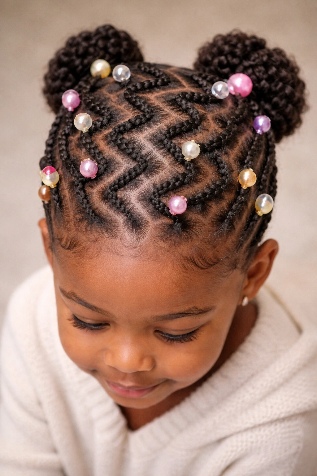 Zigzag braids across scalp with scattered beads
