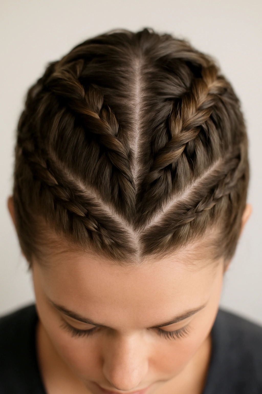 Close-up of zigzag Dutch braids forming a chevron crown on short hair