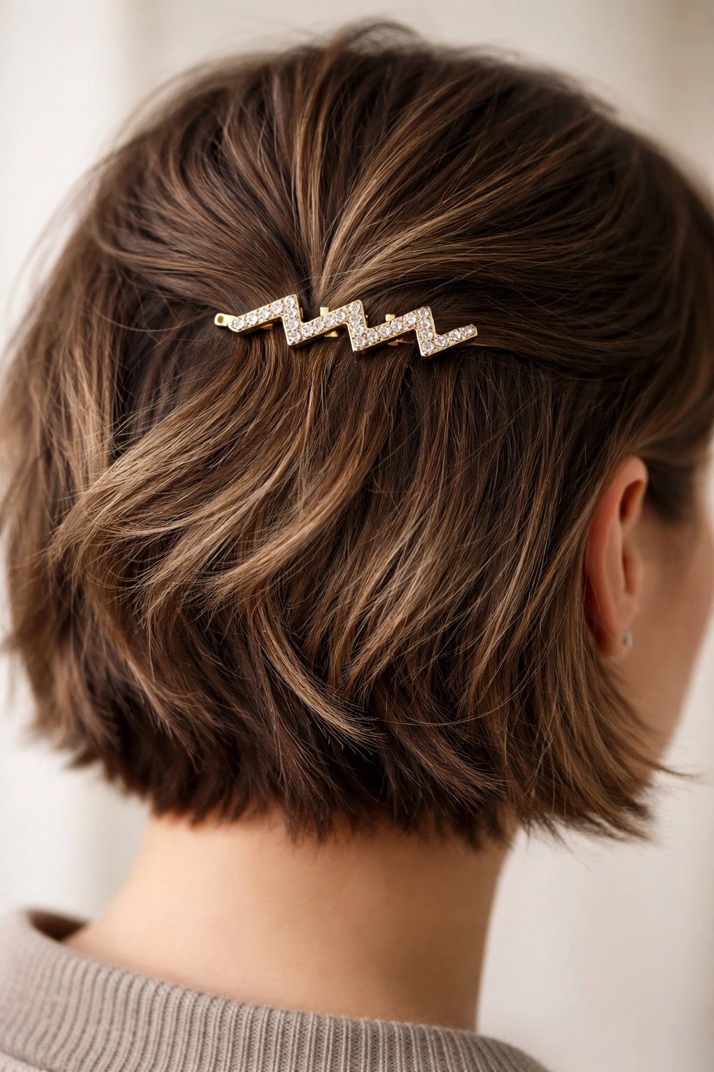 Close-up of zigzag accent clip on crown section of short hair