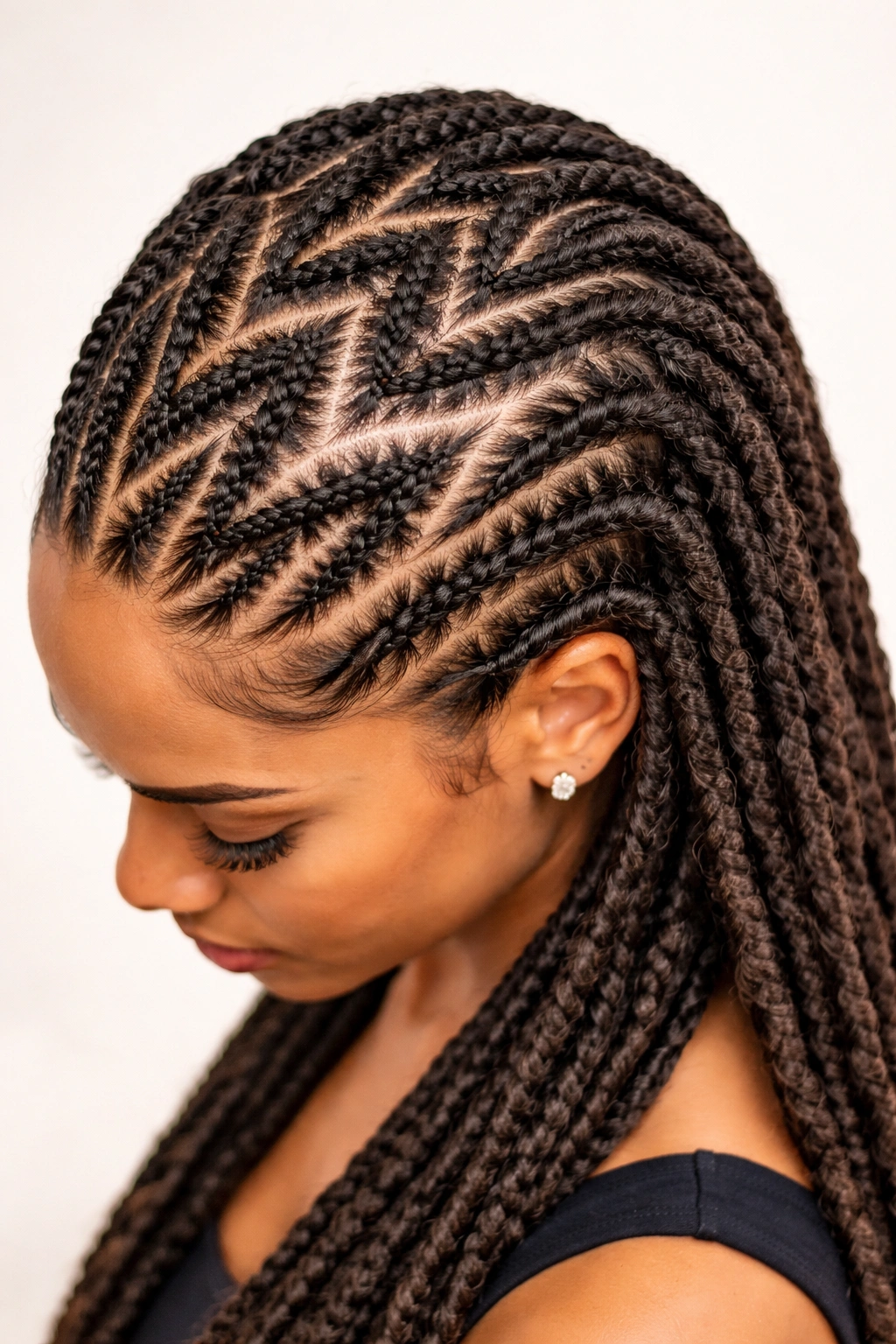 Top-down view of locs braided into zigzag or cornrow patterns