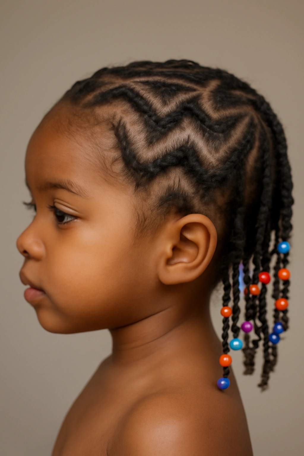 12 Cute Beaded Hairstyles Your Toddler Will Love 7 Close-up of a toddler's zigzag cornrows with beads along diagonal braids.