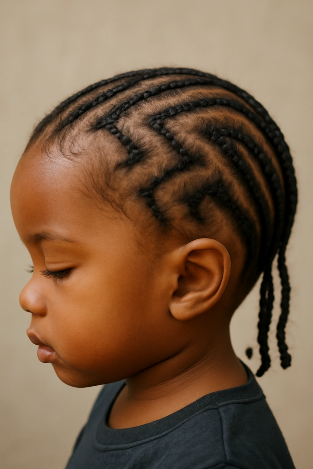 12 Beautiful Braided Hairstyles for Black Toddlers 10 Toddler with zig-zag cornrows forming dynamic patterns on the scalp.