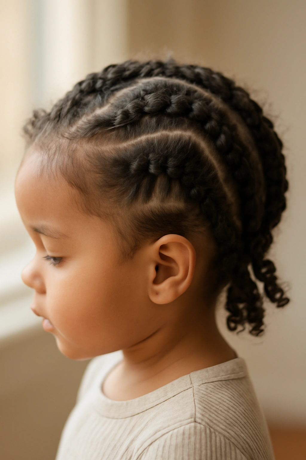 15 Adorable Natural Hair Braids for Toddlers 2 Close-up of a toddler with zigzag Dutch braids along the scalp