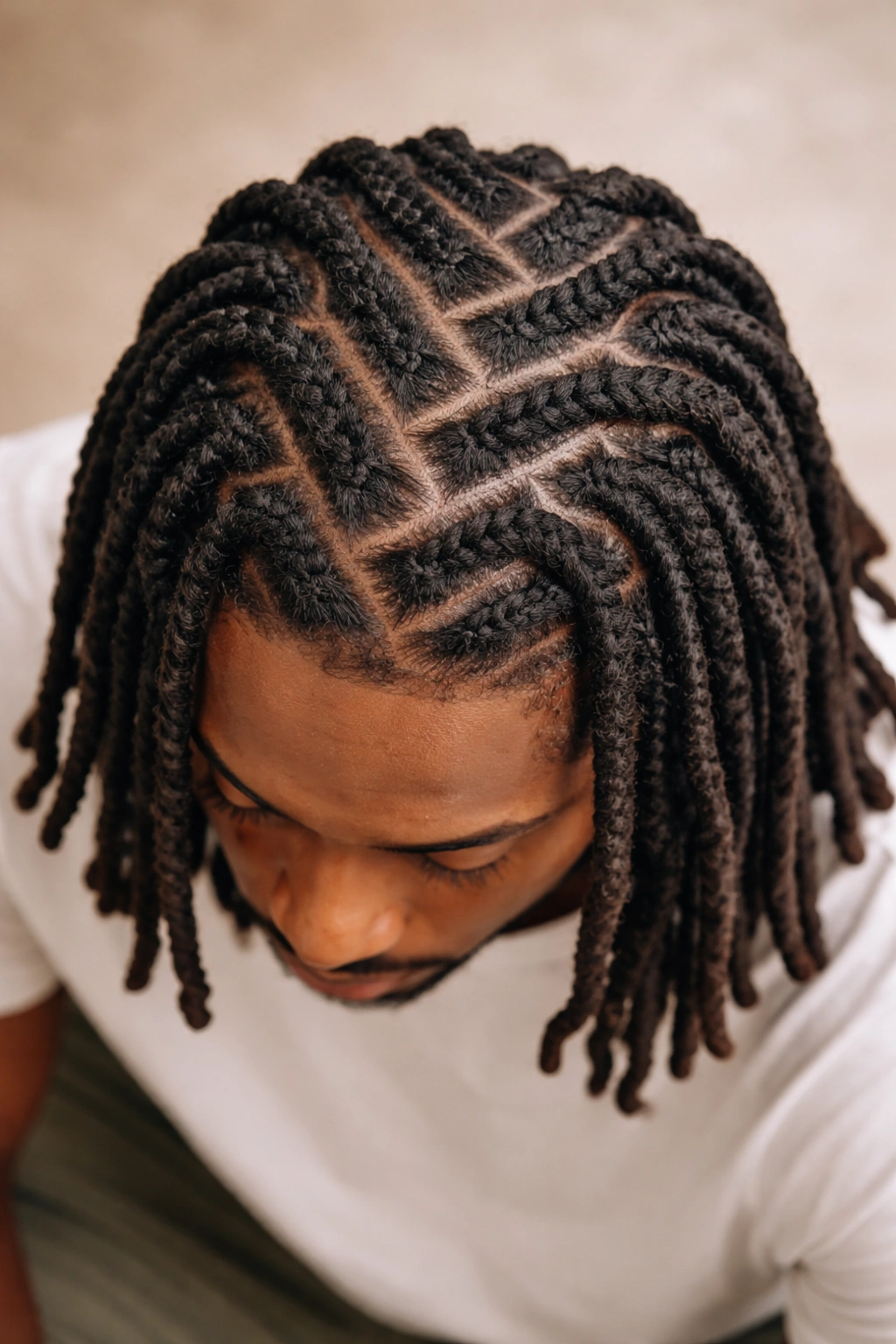 Close-up of zig-zag geometric parted locs showing defined scalp patterns