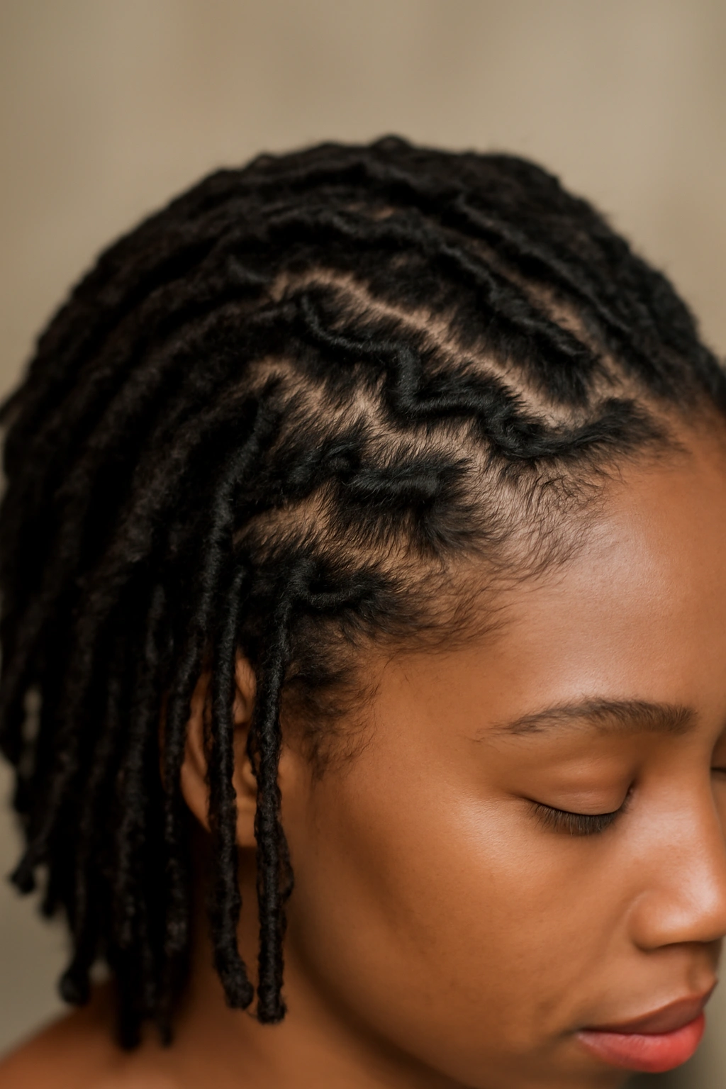 12 Short Loc Styles Women Are Obsessed With Right Now 7 Close-up of zigzag part locs highlighting scalp texture and movement
