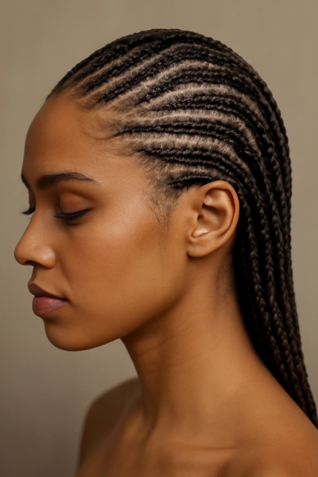 Close-up of zig-zag patterned micro braids across the scalp