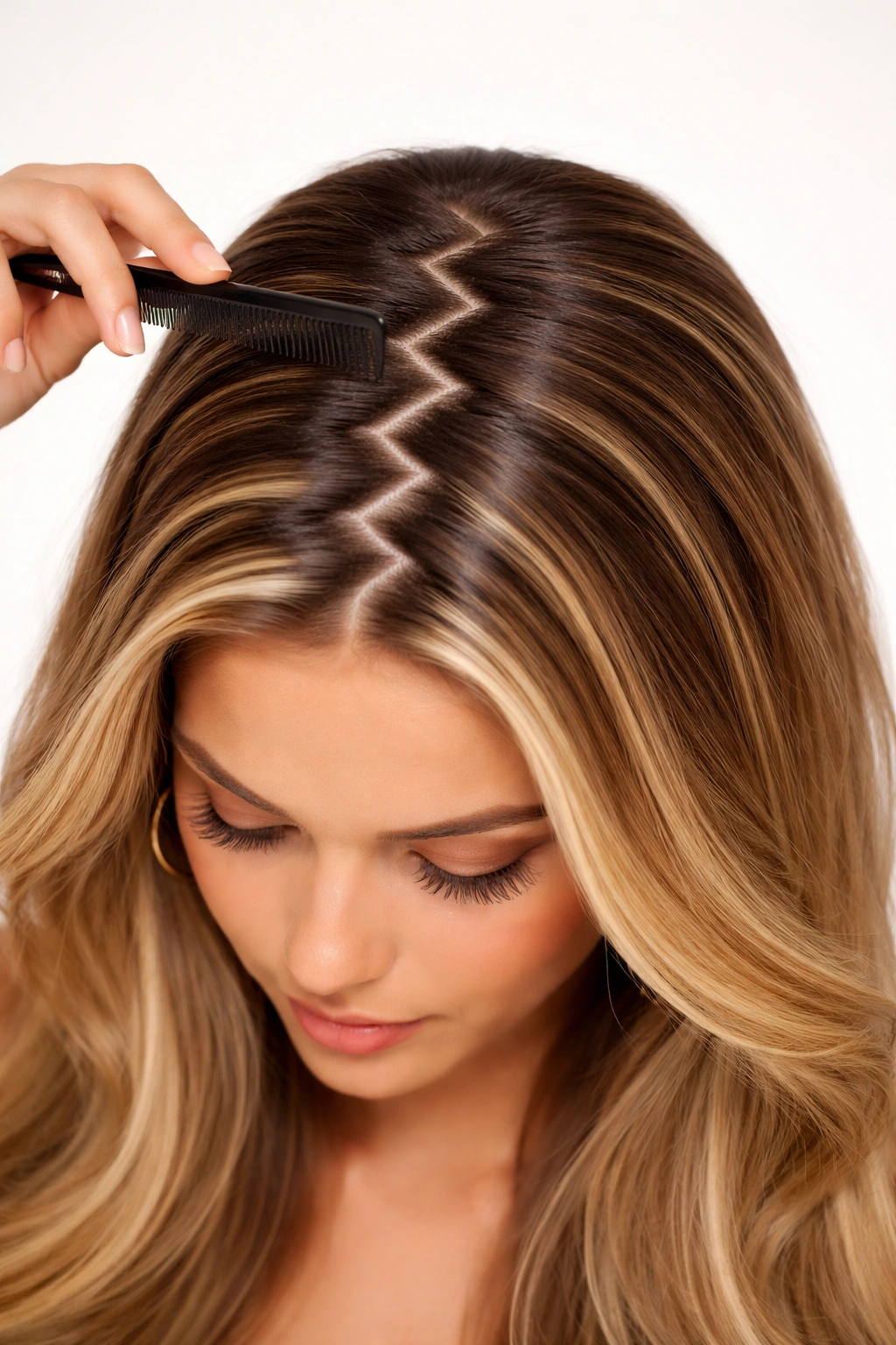 Hair with bold zigzag part down the crown