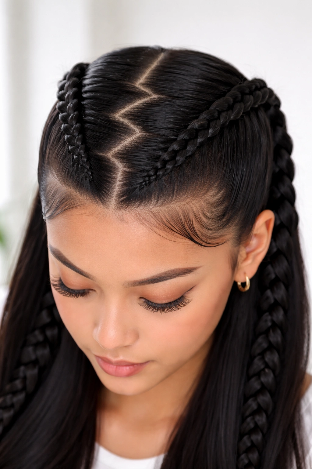 Zigzag center part with two neat braids on each side