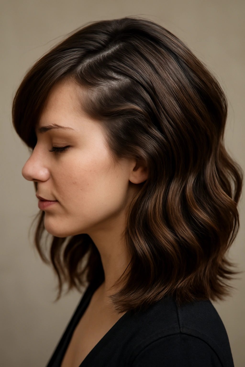 12 Japanese Hairstyles That Are Trending Right Now 10 Hair with a zigzag part and dimensional layers highlighting movement.