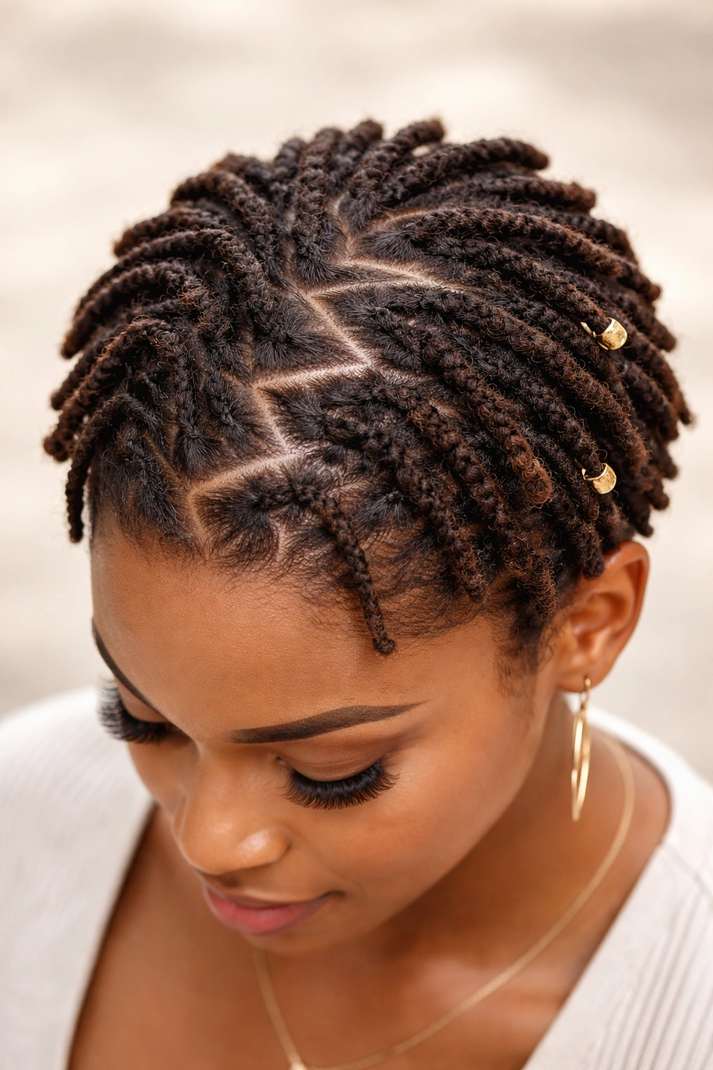 Geometric zigzag part pattern across scalp in short dreads